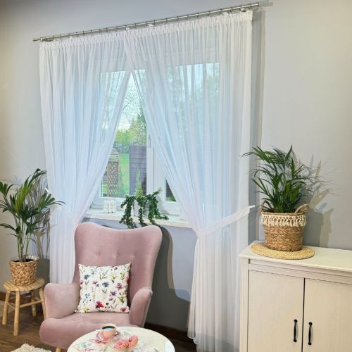 Długa firana woalowa gotowa zakładana, z przędzy w 100% z recyklingu z ołowianką, rozmiar 400x250 cm, Eko