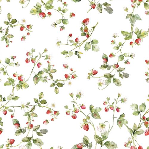 Wodoodporny materiał na zasłony lub obrusy, kolorowy nadruk, szerokość 160 cm, Poziomki - sprzedawany na metry