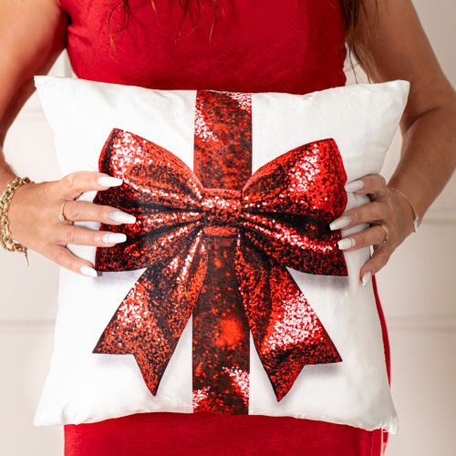 Poszewka welwetowa z świątecznym nadrukiem 3D, rozmiar 40x40 cm, Brokatowa kokarda