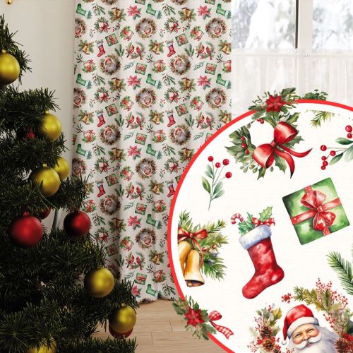 Zasłona z tkaniny wodoodpornej, białe tło, kolorowy nadruk, na taśmie, wysokość do 350 cm, Świąteczny mix - szyta na wymiar