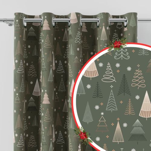 Zasłona z tkaniny wodoodpornej drukowana na przelotkach, kolor oliwkowa zieleń, szerokość 160 cm, Geometryczny las - szyta na wymiar