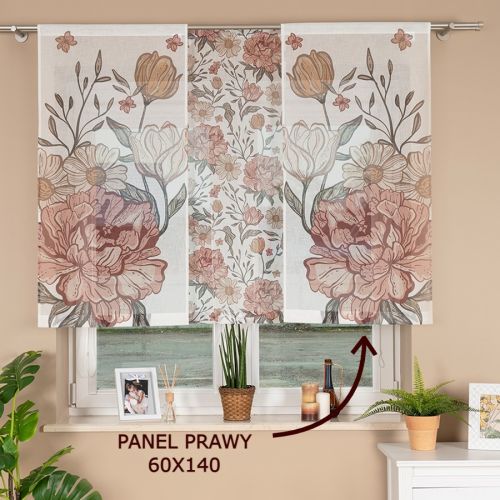 Prawy panel firanowy o strukturze lnu z motywem piwonii w stylu boho, rozmiar 60x140 cm