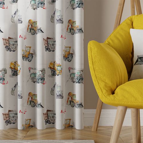 Zasłona na taśmie do pokoju dziecka, kolorystyka żółta, szerokość 130 cm, Pojazdy - szyta na wymiar