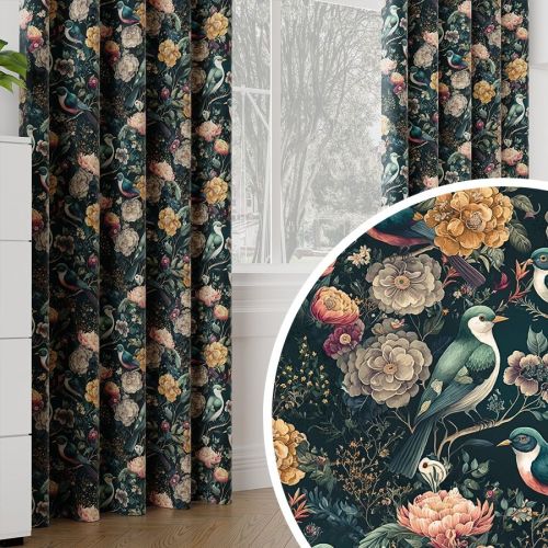 Welwetowy materiał na zasłony z kolorowym nadrukiem w tonacji petrol, wysokość 300 cm, Ravena - sprzedawany na metry