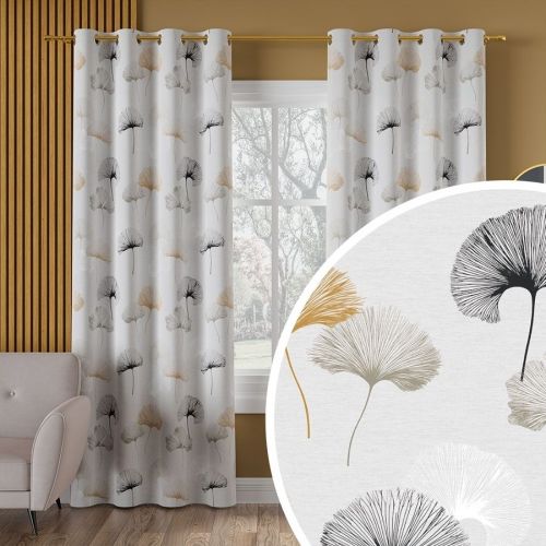 Wodoodporny materiał na obrusy lub zasłony, nadruk w kolorze szaro-musztardowym, szerokość  160 cm, Ginko Bilboa - sprzedawany na metry