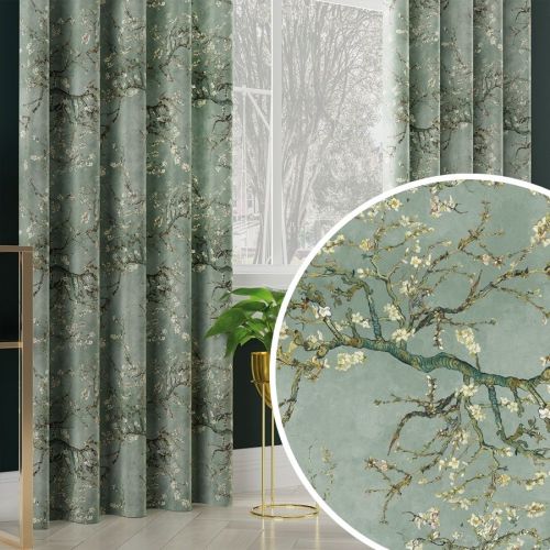 Welwetowy materiał na zasłony, drukowany w odcieniu szałwiowym, szerokość 150 cm, Kwitnący migdałowiec - sprzedawany na metry