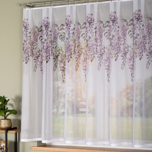 Krótka firanka żakardowa z drukowanym motywem kwiatowym, dostępna w kilku wysokościach, Wisteria - sprzedawana na metry