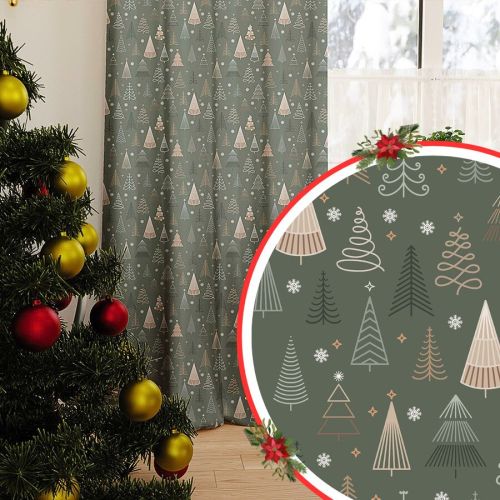 Zasłona z tkaniny wodoodpornej, drukowana, kolor oliwkowa zieleń, na taśmie, wysokość do 350 cm, Geometryczne choinki - szyta na wymiar
