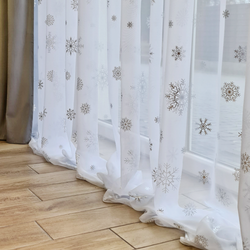 Firana świąteczna, woalowa z ołowianką na metry, wysokość 290 cm, płatki śniegu
