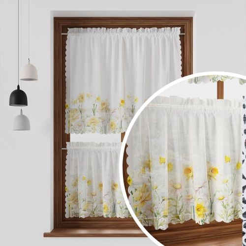 Zazdrostka woalowa gotowa z nadrukiem, kolor biało-żółty, dwa rozmiary, szerokość 100 cm, wysokość 40 lub 60 cm, Wiosenna polana