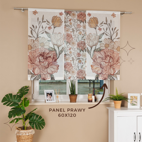 Prawy panel firanowy o strukturze lnu z motywem piwonii w stylu boho, rozmiar 60x120 cm