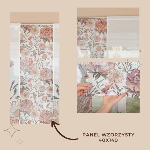 Panel firanowy wzorzysty o strukturze lnu z motywem piwonii w stylu boho, rozmiar 40x160 cm
