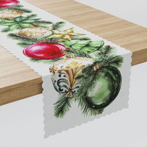 Bieżnik/nakładka z tkaniny wodoodpornej  w kolorze białym ze świątecznym kolorowym nadrukiem, rozmiar 38x160 cm, Bombki