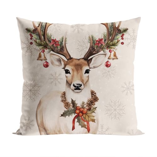 Poszewka welwetowa w kolorze beżowym, świąteczny nadruk, rozmiar 40x40 cm, Vintage jelonek