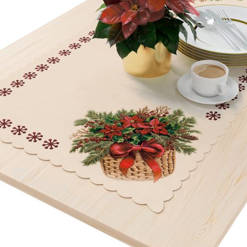 Bieżnik świąteczny 50x100 cm z nadrukiem bukietów w koszyku i czerwonych śnieżynek, tkanina wodoodporna, wykończenie ultrasoniczną chmurką