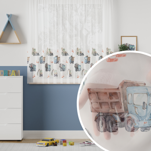 Firanka woalowa do szyny sufitowej do pokoju dziecka Pojazdy, wysokość 155 cm, kolor niebieskoszary - szyta na wymiar