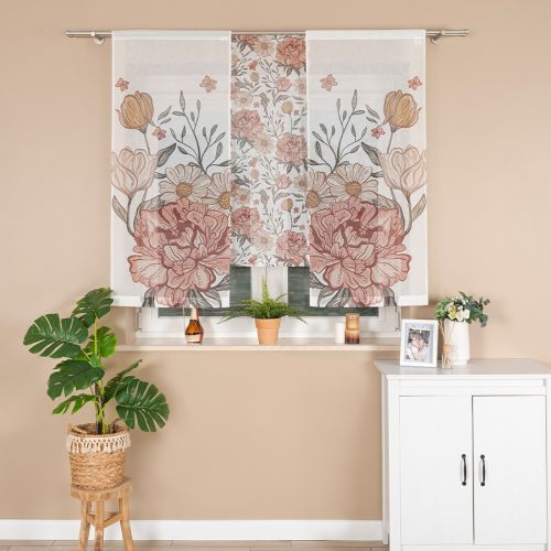 Panel firanowy o strukturze lnu z motywem piwonii w stylu boho, rozmiar 40x120 cm
