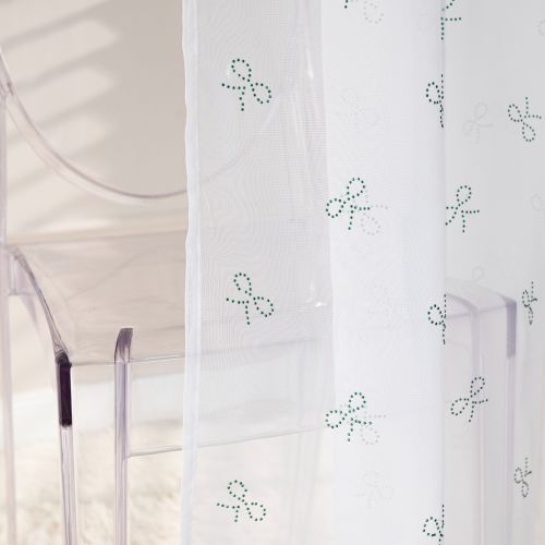 Firana do salonu na taśmie, biały woal w diamentowe zielone wstążki Ribbon, rozmiar 140x250 cm