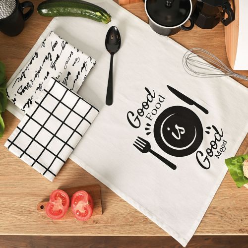 Zestaw 3 ścierek kuchennych Good Food Good Mood, rozmiar 40x60 cm, kolor czarno biały