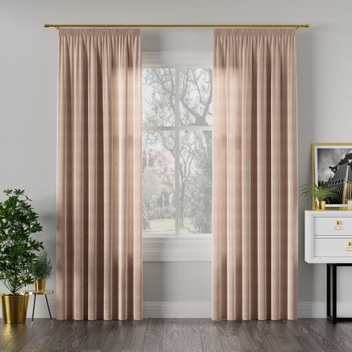 Welwetowa zasłona gotowa na taśmie Velvi, kolor jasny beżowy, dostępna w kilku rozmiarach