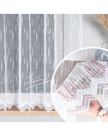 Krótka firanka żakardowa ze wzorem deszczyku w kolorze białym kuchni, oferowana w trzech wysokościach - sprzedawana na metry