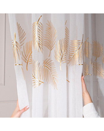 Gotowa firana w białym kolorze na przelotkach ze złotym zdobieniem, rozmiar 140x250 cm, Marietta