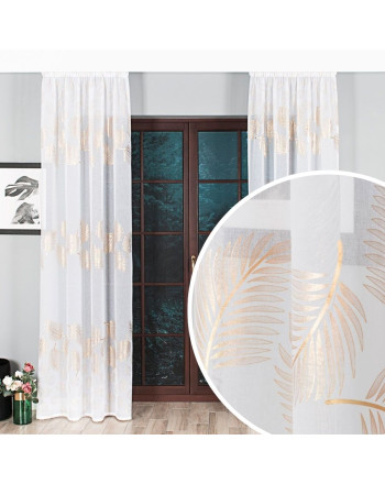 Gotowa firanka uszyta na taśmie marszczącej ze złotym zdobieniem oraz ołowianką, rozmiar140x250 cm, Marietta