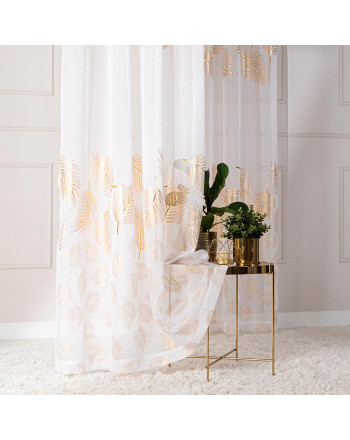 Gotowa firanka uszyta na taśmie marszczącej, kolor biały ze złotym zdobieniem, rozmiar140x250 cm, Marietta