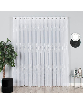 Firana ze srebrnym nadrukiem i ołowianką do salonu, na przelotkach, kolor biały, wysokość do 280 cm, Marietta- szyta na wymiar