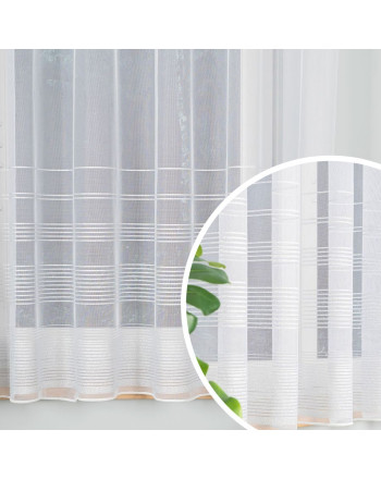 Krótka firanka żakardowa z ołowianką, kolor biały z ozdobnymi pasami ze srebrnego lurexu, oferowana w dwóch wysokościach - sprzedawana na metry