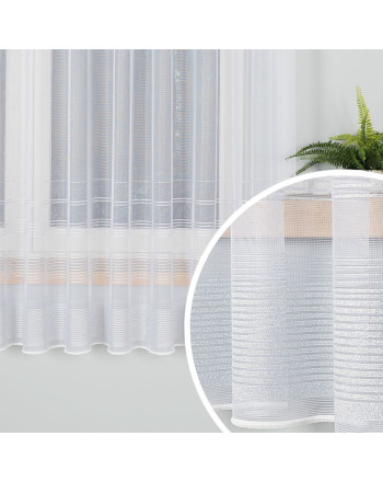 Krótka gotowa firanka żakardowa, kolor biały ze srebrzystymi pasami z metalizowanej przędzy, dostępna w kilku rozmiarach, Tatiana