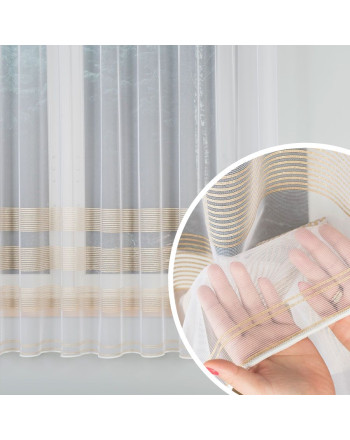 Krótka firanka żakardowa biała ze wzorem pasowym ze złotego lurexu z ołowianką, oferowana w dwóch wysokościach - sprzedawana na metry