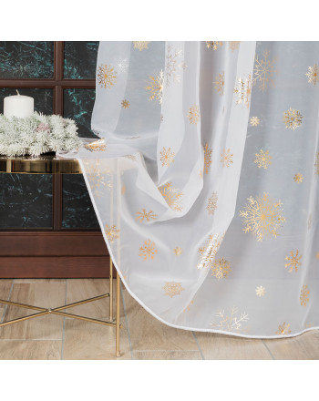 Biała firana świąteczna na przelotkach z ołowianką i złotym nadrukiem śnieżynek - szyta na wymiar