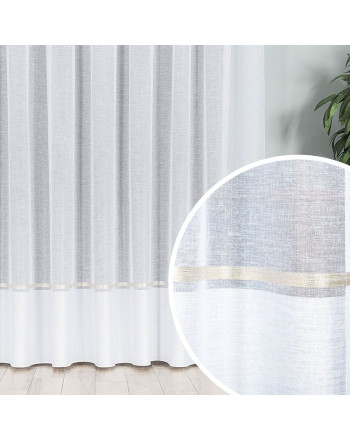 Firana z batystu uszyta na taśmie z ozdobnym pasem i ołowianką, kolor biały ze złotym pasem - szyta na wymiar