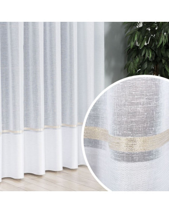 Firanka z batystu na przelotkach, kolor biały ze złotym pasem, wysokość do 310 cm - szyta na wymiar