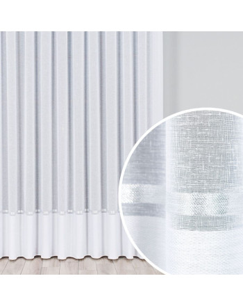 Długa firana z batystu o strukturze lnu, kolor biały ze srebrnym pasem, oferowana w dwóch wysokościach - sprzedawana na metry