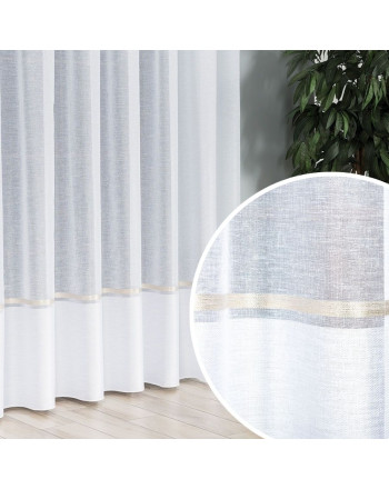 Długa firana z batystu w kolorze białym ze złotym pasem, oferowana w dwóch wysokościach- sprzedawana na metry