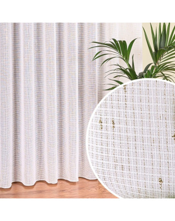 Długa firana typu bukla do salonu w kolorze białym ze złotym zdobieniem i ołowianką, wysokość 300 cm - sprzedawana na metry