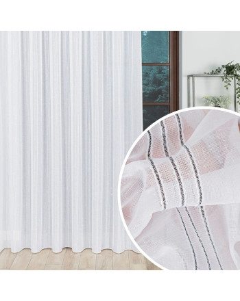 Biała firana z błyskiem i ołowianką ozdobiona pionowymi, czarnymi pasami, wysokość 300 cm, 001215 - sprzedawana na metry