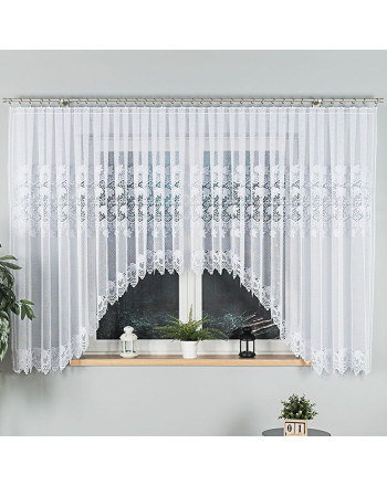 Krótka, szeroka firanka żakardowa z motywem roślinnym, wykończona w łuk kolor biały, oferowana w 2 rozmiarach, Elżbieta