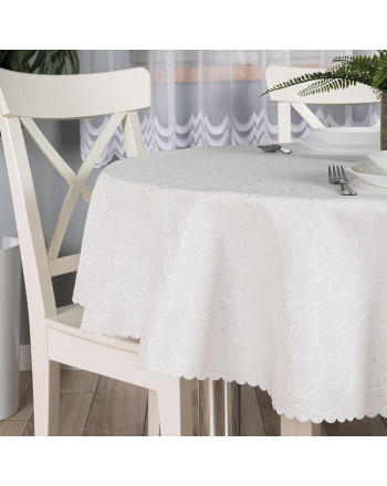 Gotowy obrus z tkaniny wodoodpornej, kolor jasnokremowy, średnica 160 cm, Flora