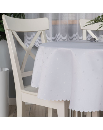 Obrus wodoodporny, okrągły, biały ze wzorem kropek, wykończony chmurką, średnica 160 cm, Aniela