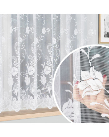 Krótka firanka, żakardowa do salonu ze wzorem róż, kolor biały, oferowana w dwóch wysokościach - sprzedawana na metry