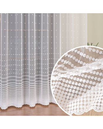 Długa firana haftowana do salonu ze wzorem groszków ułożonych pasami, kolor biały, wysokość 290 cm - sprzedawana na metry