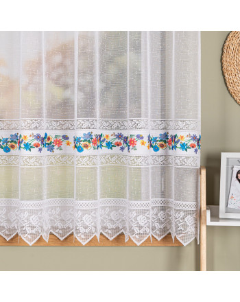 Krótka firanka żakardowa do kuchni z drukowanym ze wzorem pasowym w żywych kolorach, wysokość 160 cm - sprzedawana na metry