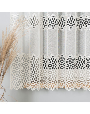 Krótka nowoczesna kremowa firanka z geometrycznym wzorem, oferowana w dwóch wysokościach - sprzedawana na metry