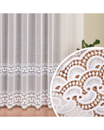 Długa delikatna firanka z aplikacją ze wzorem pasowym na markizecie, kolor biały, wysokość 280 cm - sprzedawana na metry