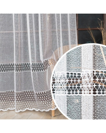 Firanka żakardowa ze wzorem pasowym, na taśmie, kolor biały, wysokość od 100 do 250 cm, 011705 - szyta na wymiar