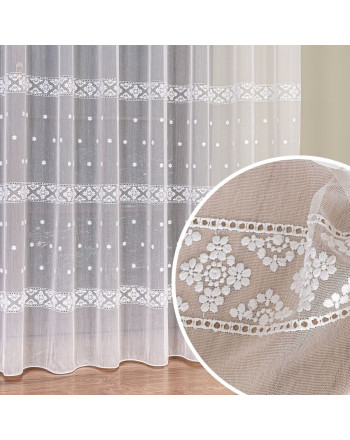 Długa firana do salonu z haftowanym wzorem pasowym z ołowianką, kolor biały, wysokość 290 cm - sprzedawana na metry