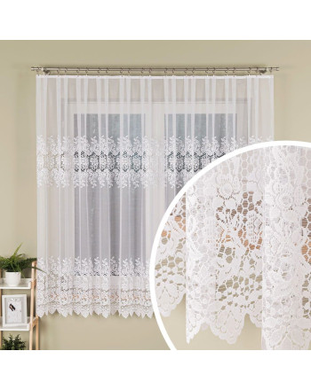 Krótka firanka żakardowa z kwiatowym wzorem pasowym, kolor biały, dostępna w 2 wysokościach - sprzedawana na metry